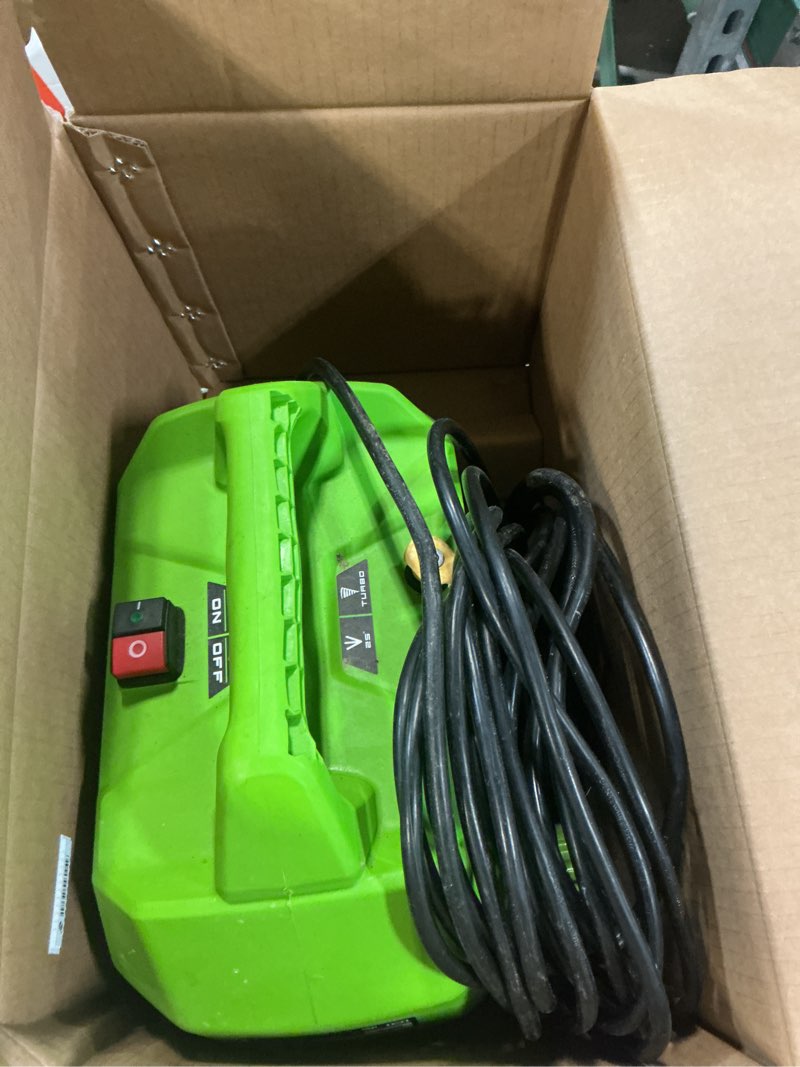 Condition photo showing As Is for greenworks 1800 psi 1.2-gpm cold water electric pressure washer with 2 spray tips