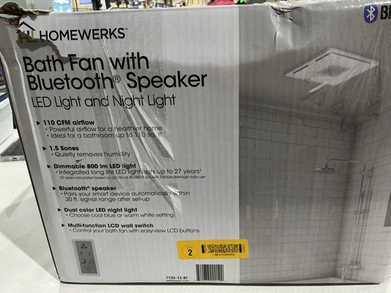 Condition photo showing As Is for homewerks 7130-13-bt white decorative led, bluetooth bathroom exhaust fan new 