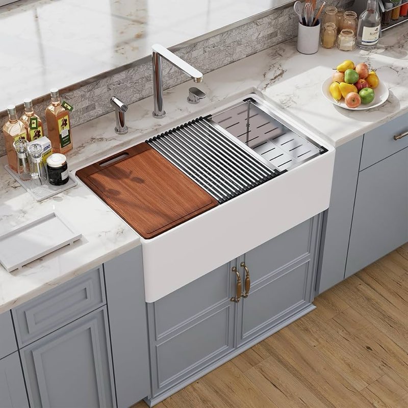 30 White Farmhouse Sink Workstation, Hugsleek Undermount Farm Kitchen Sink 30x20 inch Apron