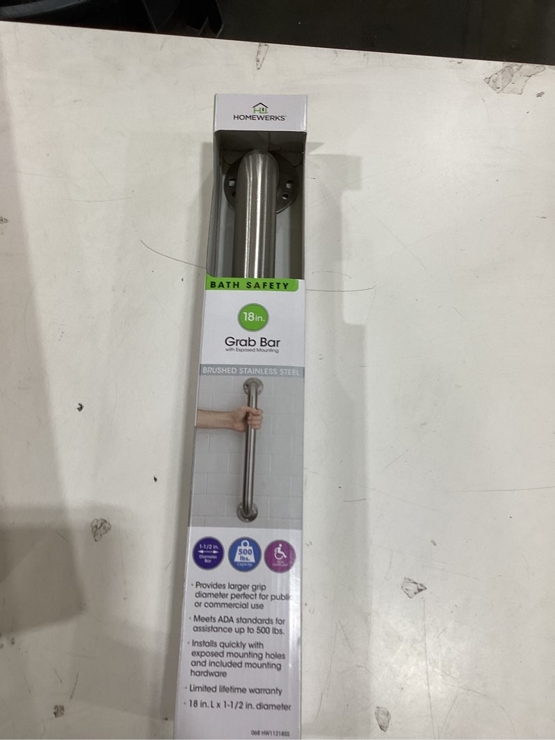 Condition photo showing New/Like New for homewerks 068 hw11218ss 18 inch bathroom grab bar with 1-1/2 inch diameter and exposed screws ada compliant - brushed stainless steel 1.5 inch diameter 18 inch