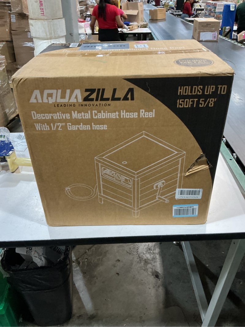 Condition photo showing New/Like New for metal garden hose reel deck box, durable steel garden hose storage box cabinet, 150ft 5/8" garden hose capacity. - hose guide manual rewind, no-leak aluminum water connections
