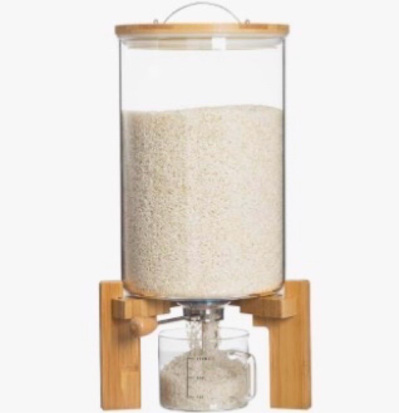 hblife 14-16 lbs glass rice dispenser with wooden stand flour and cereal container with glass measur