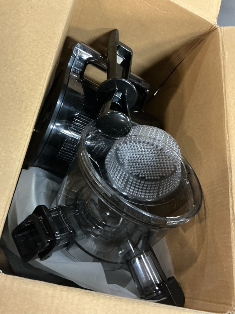 Condition photo showing As Is for eanoruus juicer machines, 3-in-1 cold press juicer with 6.5" extra large chute, 100oz large capacity, ac motor, makes juice, nut milk & sorbet, bright white