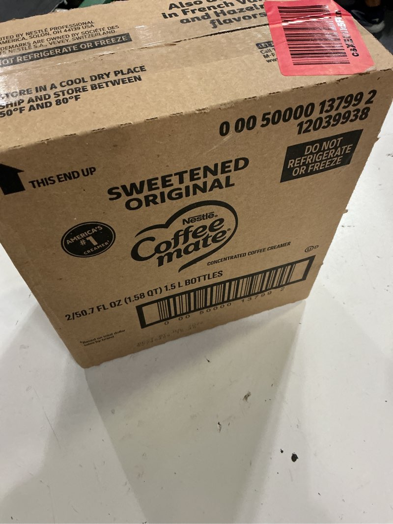 Condition photo showing New/Like New for (best by:jul/2026)liquid coffee creamer, sweetened original, 1.5 liter pump bottle, 2/carton