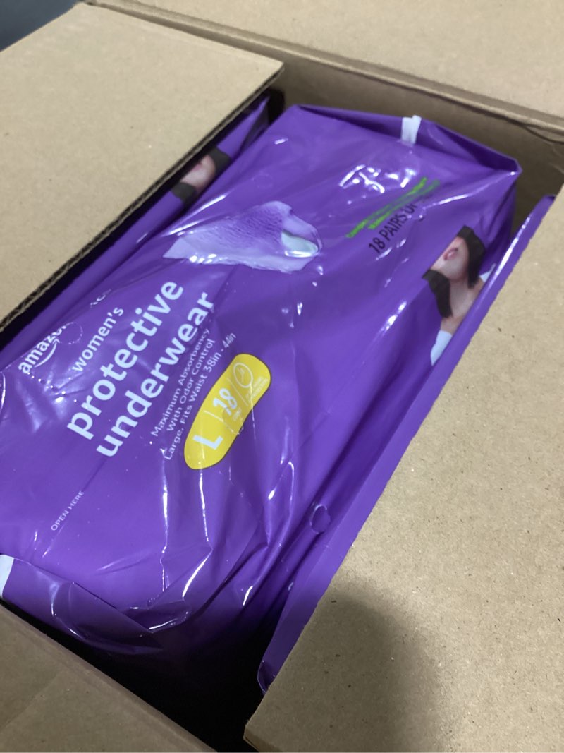 Condition photo showing Good Condition for amazon basics incontinence underwear for women, maximum absorbency, fresh protection, postpartum, disposable, odor protection, comfortable fit, large, lavender, 54 count (3 packs of 18) large 54.0