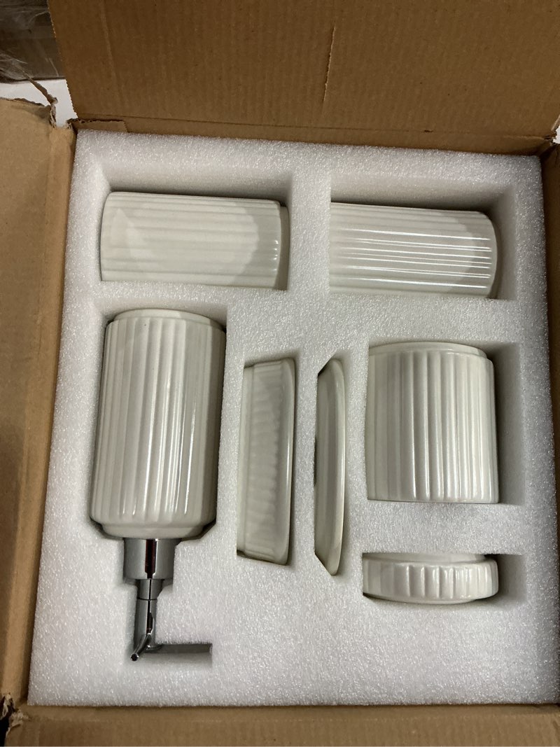 Condition photo showing New/Like New for white bathroom accessory set 5pcs, ceramic bathroom accessories set, classic design bathroom accessories sets complete, home apartment modern bathroom decor vanity countertop, antis's home stripe