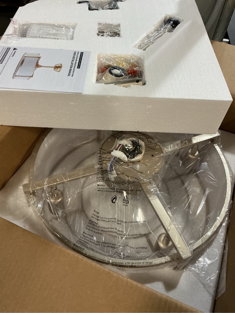 Condition photo showing New/Like New for 20" caged ceiling fans with lights, gold fandelier ceiling fan with light, boho chandelier fan remote control, 6 speeds for bedroom, nursery, living room gold fandelier fs-bg06