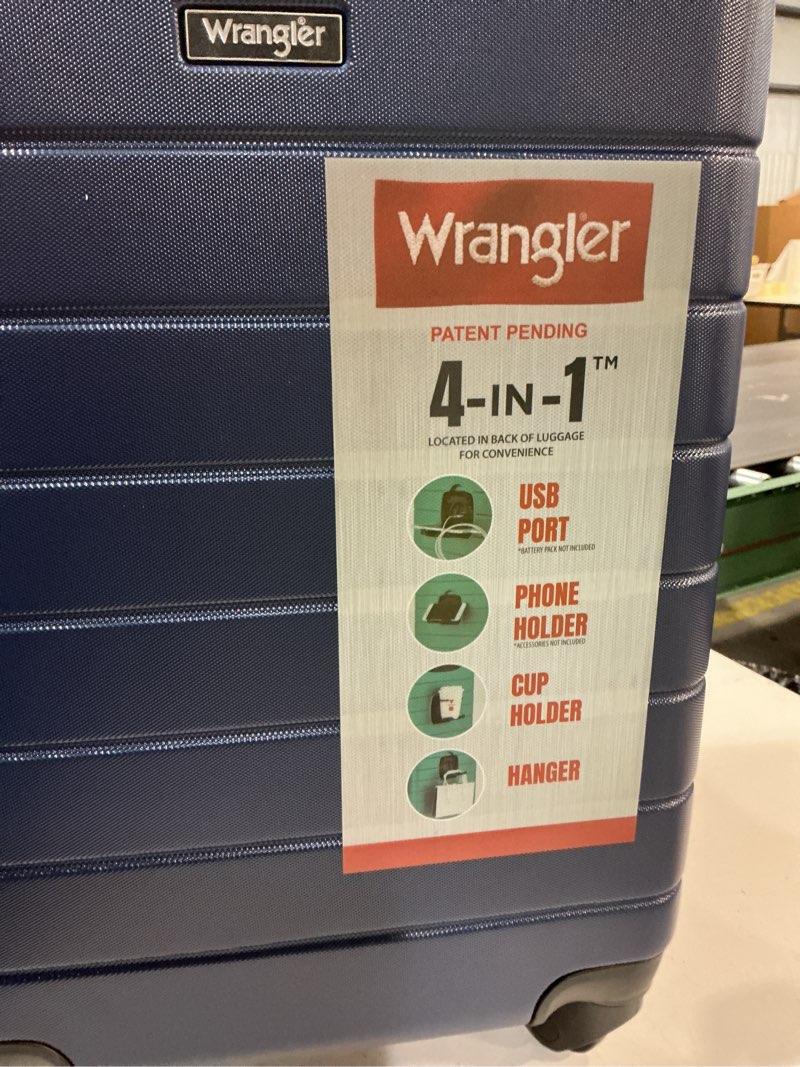 Condition photo showing New/Like New for Wrangler Smart Spinner Hardside Luggage, 22-Inch Carry-On, Navy Blue 22-Inch Carry-On Navy Blue
