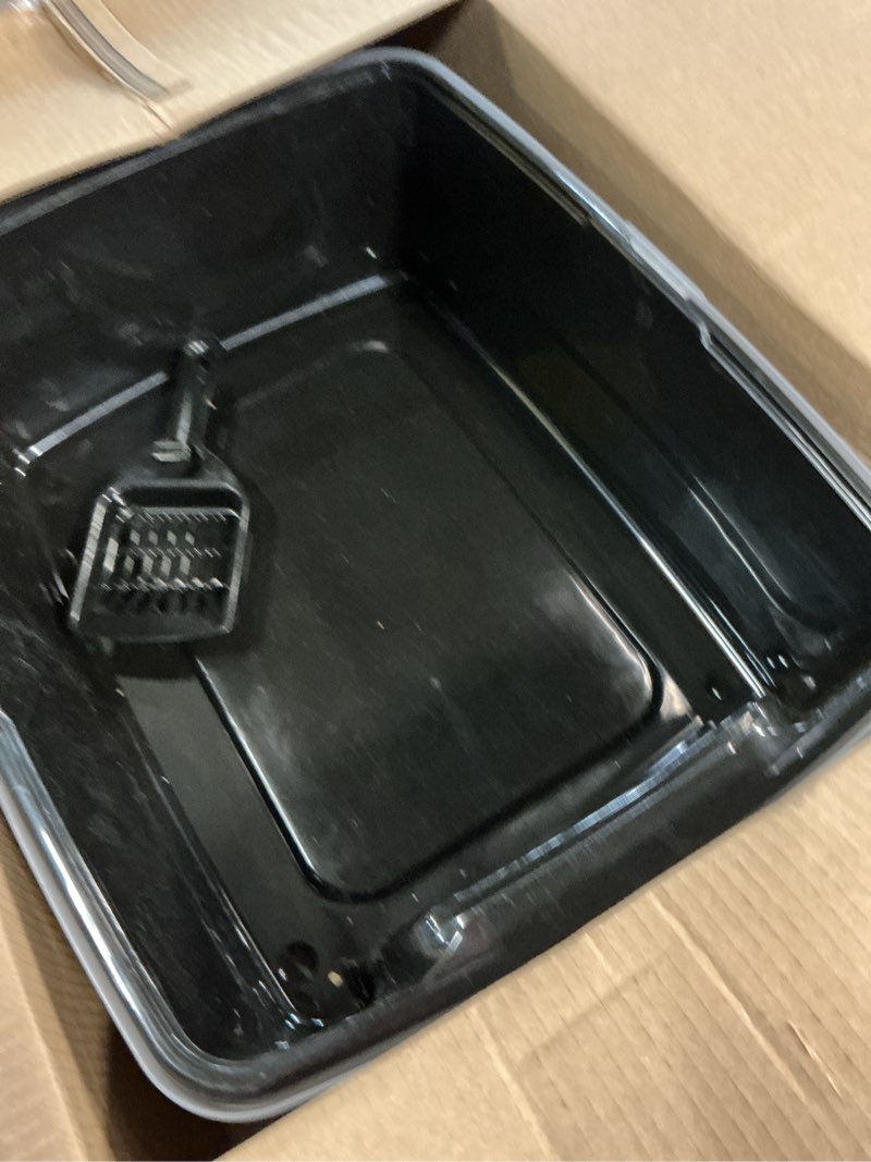 Condition photo showing As Is for iris usa cat litter box large open top with high sided walls tall scatter shield scoop included easy clean plastic pan stain resistant for big cats kittens indoor multi-cat households open top black