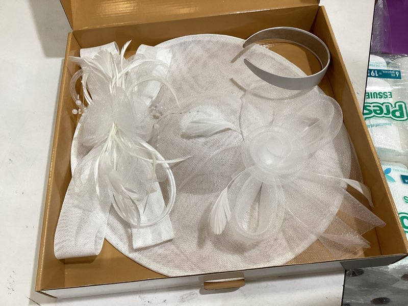 Condition photo showing Good Condition for dressfan wide brim fascinator derby hats for women,20s detachable flower hat with headband for derby church wedding tea party white