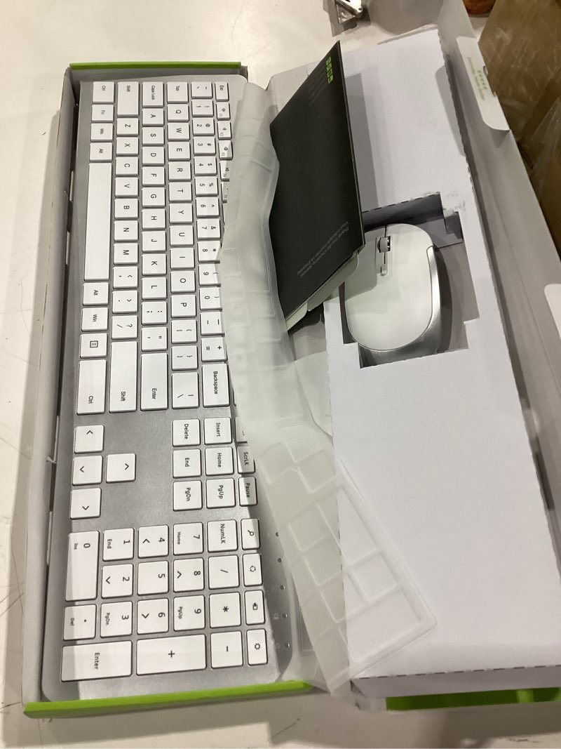 Condition photo showing Good Condition for wireless keyboard and mouse combo - full size slim thin wireless keyboard mouse with numeric keypad 2.4g stable connection adjustable dpi (white & silver) silver and white