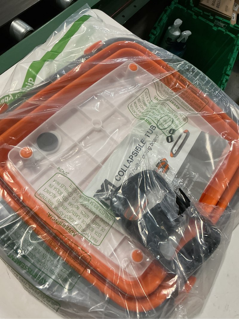 Condition photo showing As Is for XL Collapsible BBQ Prep Tub with Lid - 3 in 1 Collapsible Tube & Portable Cutting Board Container for Marinating, Camping, Meat Storage - Space-Saving, Foldable Tray for Kitchen and Outdoor