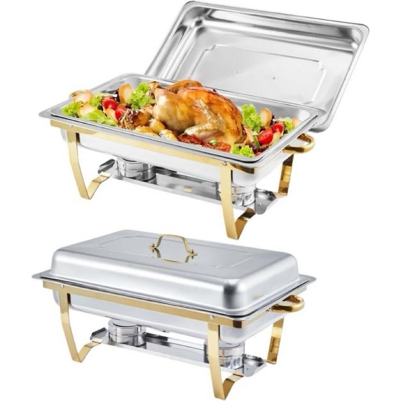 chafing dishes for buffet 4 pack, 8qt stainless steel chafers and buffet warmers sets with lid, rectangle food warmer catering buffet display, gold 