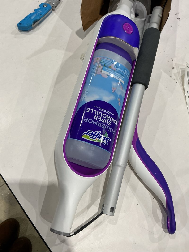 Condition photo showing Good Condition for swiffer powermop multi-surface mop kit for floor cleaning, fresh scent, mopping kit includes powermop, 2 mopping pad refills, 1 floor cleaning solution with fresh scent and 2 batteries purple and white