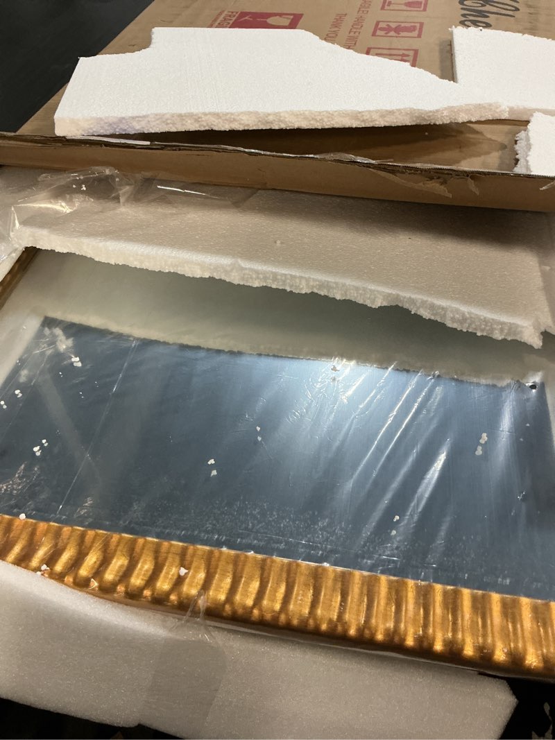 Condition photo showing Good Condition for chende 27" x 39" living room gold decorative mirror with 3d wood frame, modern rectangular bathroom mirror with crystal clear reflection glass for dressing room, horizontal/vertical hanging 39"l x 27"w