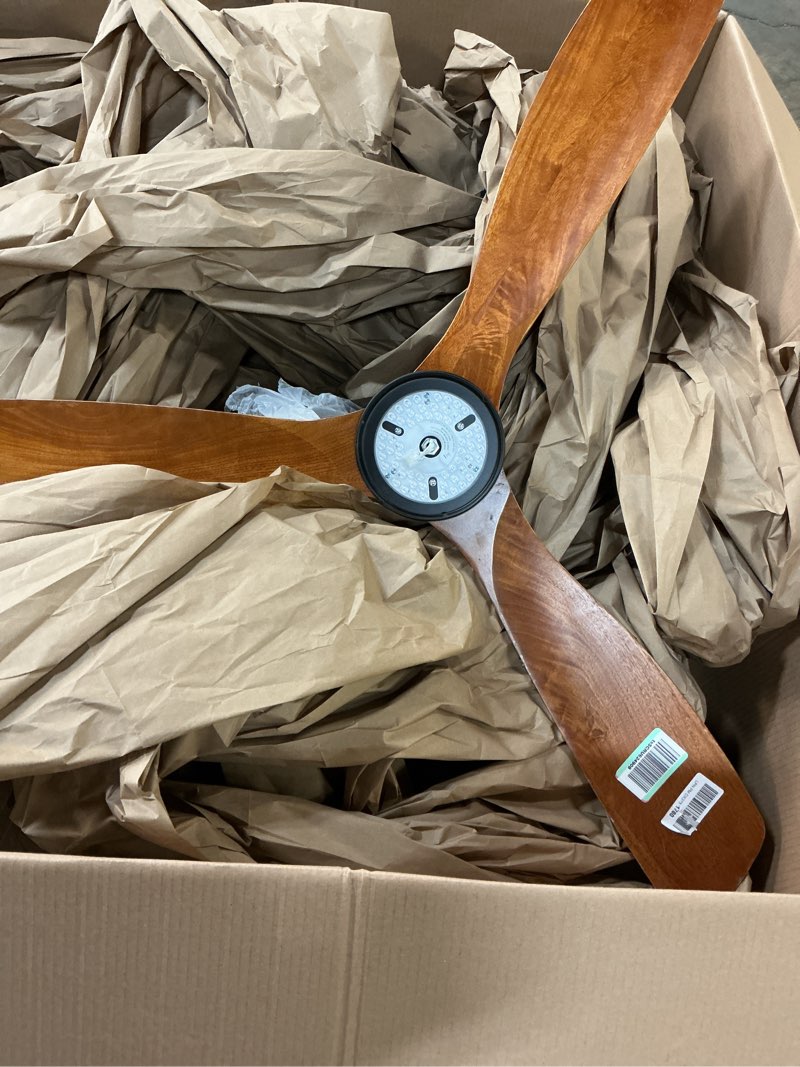 Condition photo showing As Is for 52 in. Flush Mount Standard Ceiling Fan with Light and Remote, Black Housing with Dark Brown Solid Wood Blades(similar)