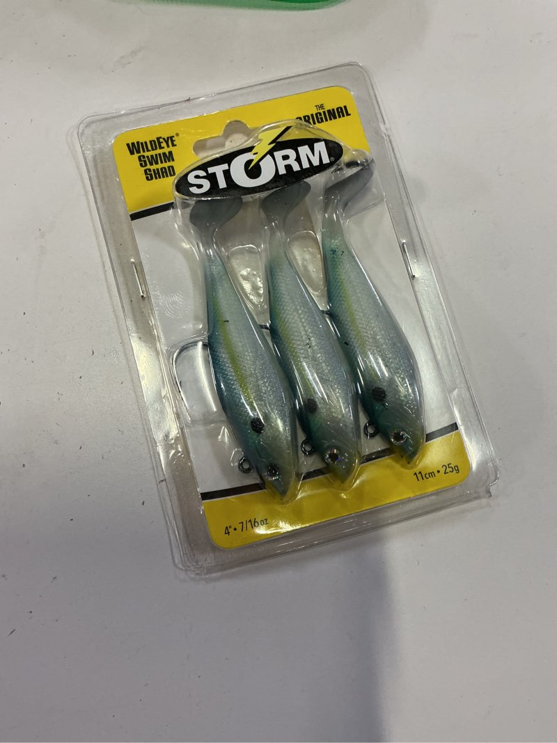 Condition photo showing New/Like New for storm wildeye swim shad 4" fishing lure 7/16oz blue steel shad 3pcs
