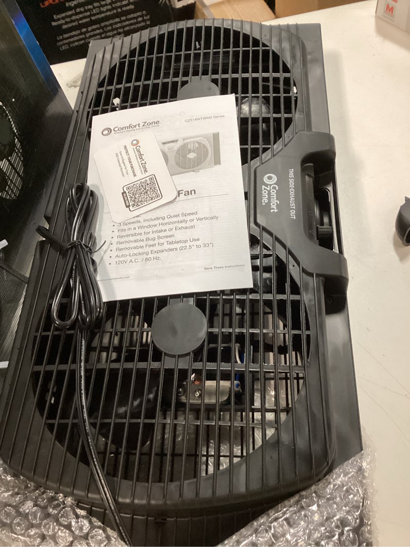 Condition photo showing Good Condition for Comfort Zone Window Fan for Bedroom, 9 inch 3 Speed Dual Fans with Auto-Locking Expanders, Window Exhaust Fan, Removeable Bug Screen, Black Black 3-Speed