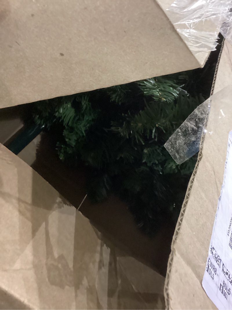 Condition photo showing As Is for 6 FT Pre-lit Christmas Tree, Artificial Spruce Christmas Tree 600 PVC Branch Tips 250 Warm White LED Lights, Easy Assembly with Metal Stand and Hinged Branches Decoration