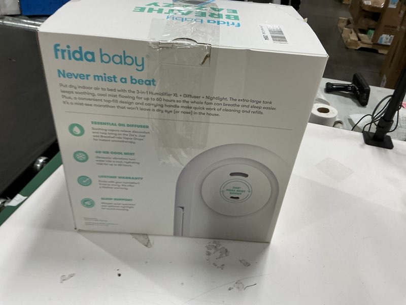 Condition photo showing As Is for Frida Baby 3-in-1 XL Top Fill Humidifier for Bedroom, Cold & Flu Relief, 6L Tank Cool Mist Humidifier + Diffuser for Large Rooms, Mold Resistant, Nightlight, Auto-Off, Quiet, Essential Oil Diffuser 1.6 Gallon Tank