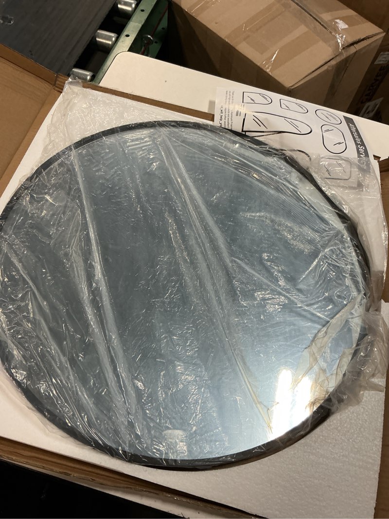 Condition photo showing Good Condition for black round mirror 22 inch, circle wall mirrors with metal frame, wall mounted circular mirror for bathroom, vanity, entryway, living room, hallway, wall decor round black 22"l x 22"w