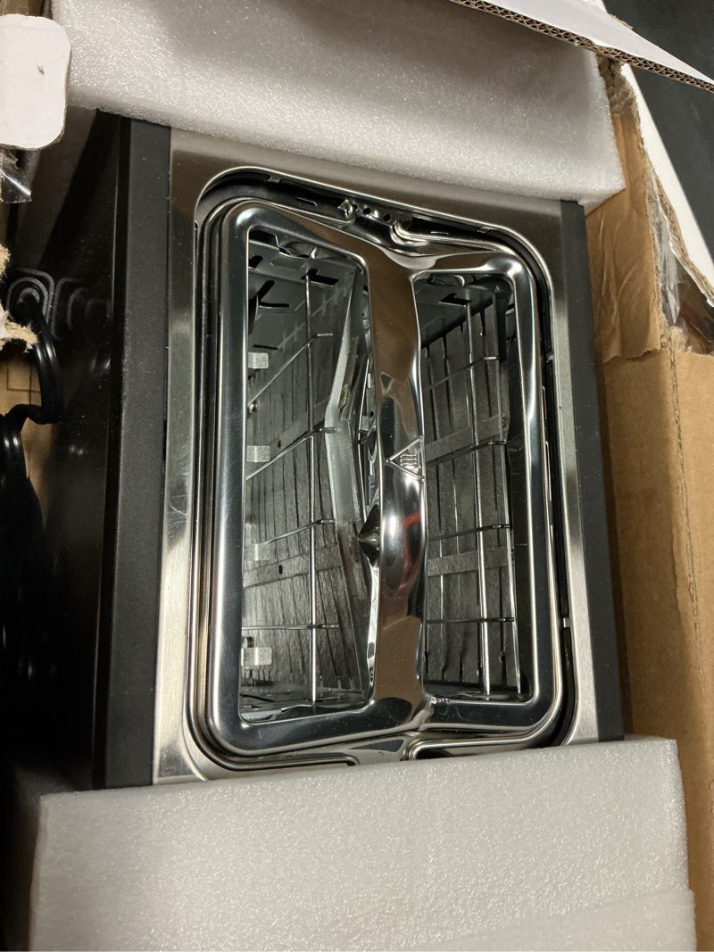 Condition photo showing As Is for mecity toaster 2 slice stainless steel body, timer, bagel, defrost, reheat, cancel functions, warming rack, removable tray, 6 browning settings, extra wide slots, bread toaster 800w 2 slot stainless steel