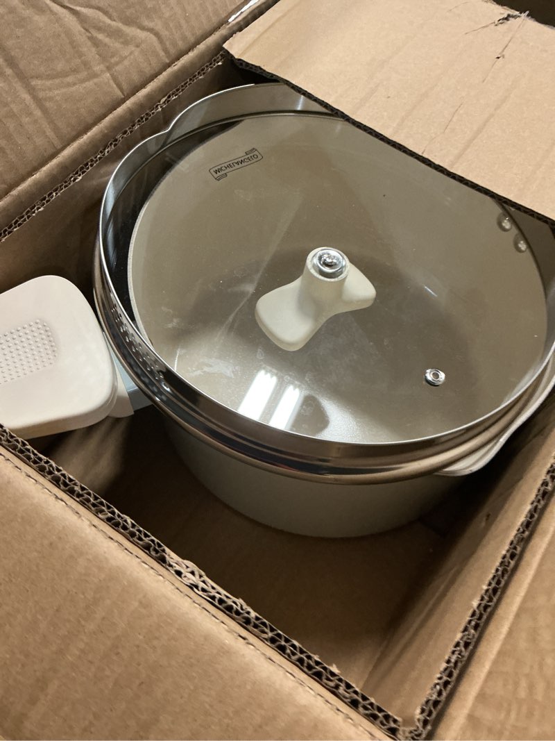 Condition photo showing As Is for michelangelo pasta pot with strainer lid - 6 quart multipurpose pot with twist and lock handles, nonstick soup pot with granite coating, induction compatible, white