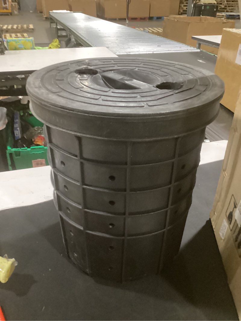 Condition photo showing Good Condition for perforated sump basin with lid, include sump pump stand, sump pump basin bucket with drilled holes for yards, patios, sewage pump wells, driveways(13 x 11.4 x 15 inch)