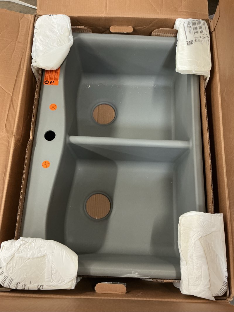 Condition photo showing As Is for kohler kennon 33" top or undermount double bowl neoroc composite kitchen sink includes sink rack for large bowl