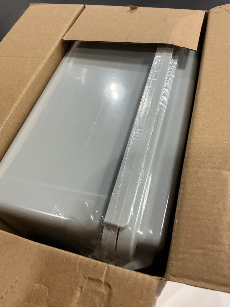 Condition photo showing New/Like New for Junction Box, IP67 Waterproof Plastic Enclosure for Electrical Project, Hinged Grey Cover, Includes Mounting Plate and Wall Bracket 370×270×150mm (14.6"×10.6"×5.9")