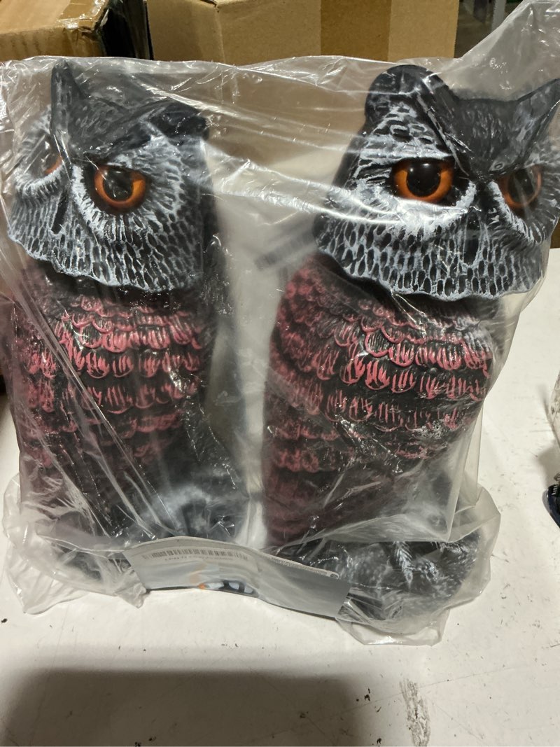Condition photo showing Good Condition for hausse 2 pack fake owl decoy bird scarecrow sculpture, rotating head plastic owl bird deterrents, nature enemy horned pest repellent for outdoor garden yard