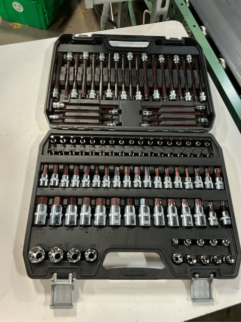 Condition photo showing New/Like New for 107-piece master torx & allen bit socket set, s2 steel, 1/4" 3/8" 1/2" drive, long torx, ball end hex, tamper-resistant star, e-star sockets, sae & metric (chrome-polished set) chrome-polished set(107pcs)