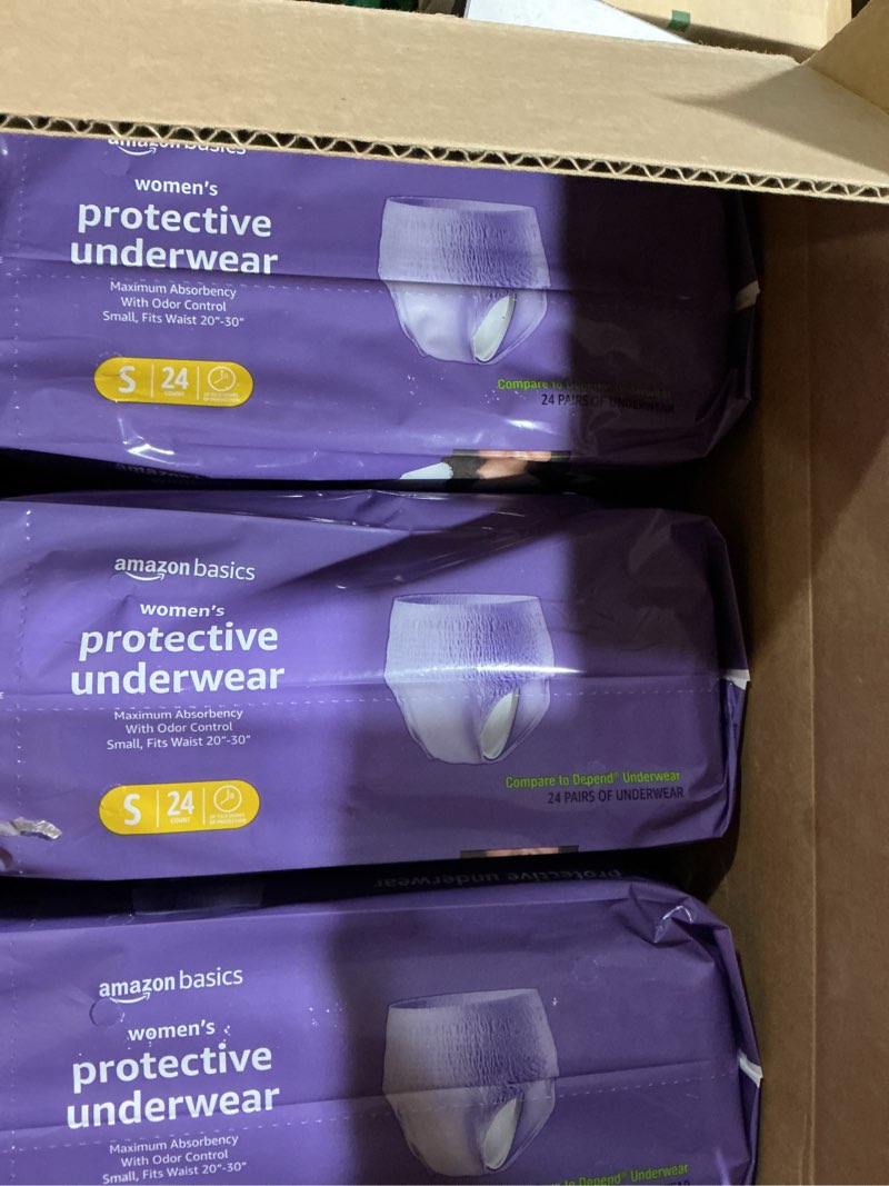 Condition photo showing New/Like New for amazon basics incontinence underwear for women, protective, disposable, postpartum, maximum absorbency, small, lavender, 72 count (3 packs of 24) small 72.0