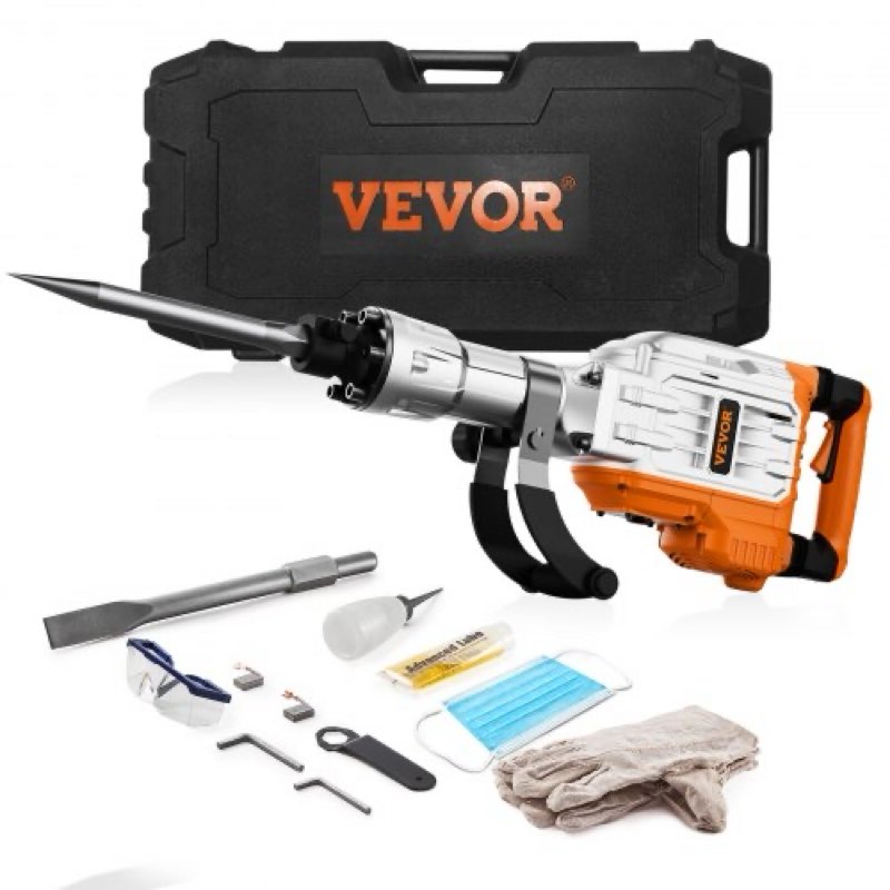 vevor demolition jack hammer, 3500w jack hammer concrete breaker, 1900 bpm heavy duty electric jack hammer, 2pcs chisel with gloves & 360°c swiveling front handle for trenching and breaking holes
