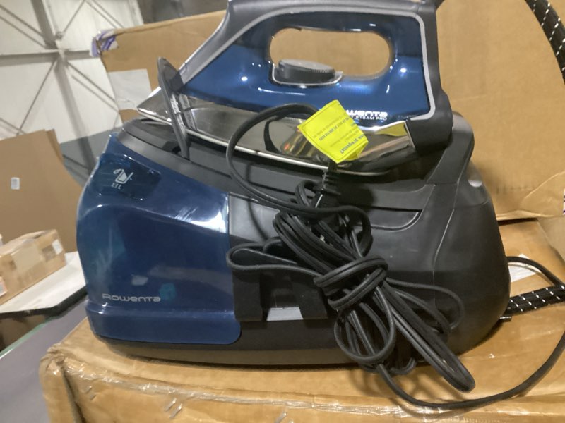 Condition photo showing As Is for rowenta steam station, stainless steel soleplate, professional iron steamer for clothes, 1.1l removable tank, fast heat up, 1800 watts, blue clothes iron, dg8624 xl steaming sessions - high pressure steam