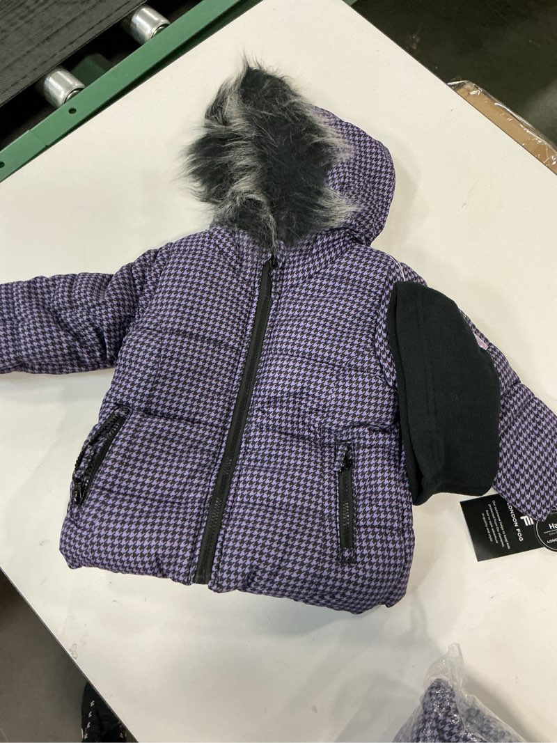 LONDON FOG Baby Girl's Heavyweight Puffer Jacket with Faux Fur Hood and Matching Beanie, Purple/Blac Size 18M