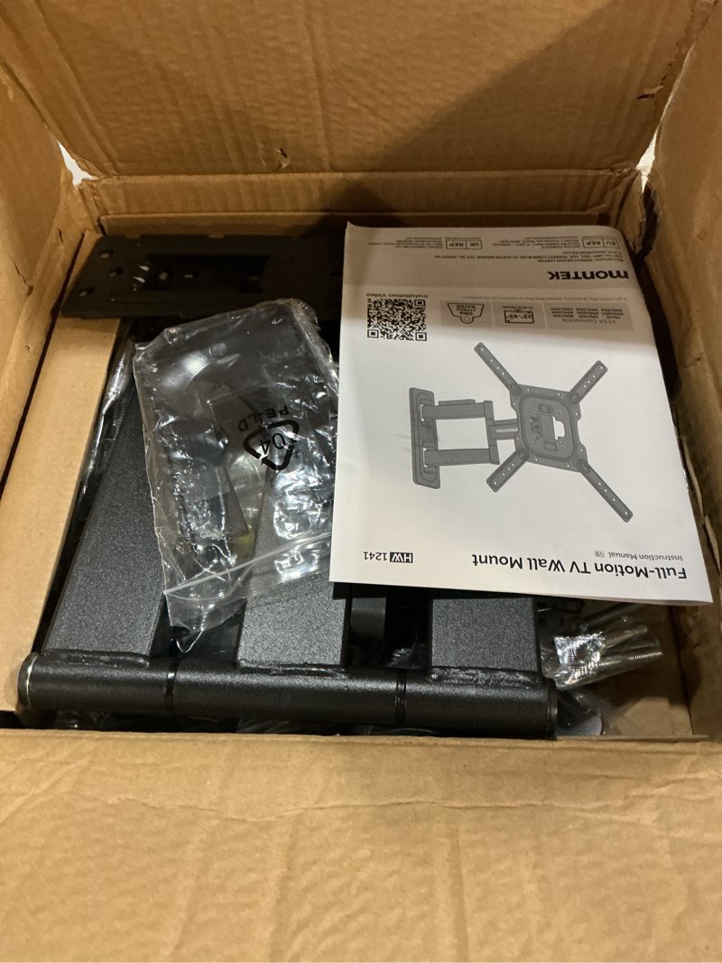 Condition photo showing New/Like New for montek full motion tv wall mount for 23–65 inch flat & curved tvs and monitors, swivel & tilt articulating bracket, max vesa 400x400mm, holds up to 77 lbs, perfect center design 23"-65" full motion
