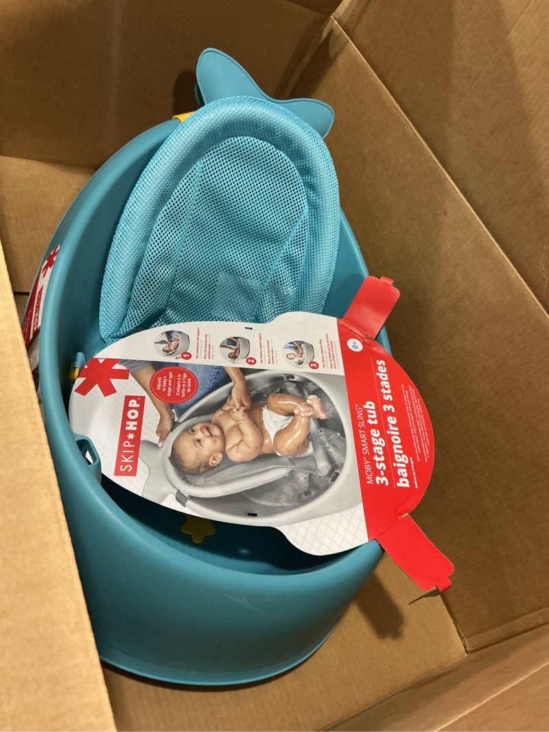 Condition photo showing Good Condition for skip hop infant bath tub 3-stage grow with baby smart sling moby bathtub blue age 0+ blue tub