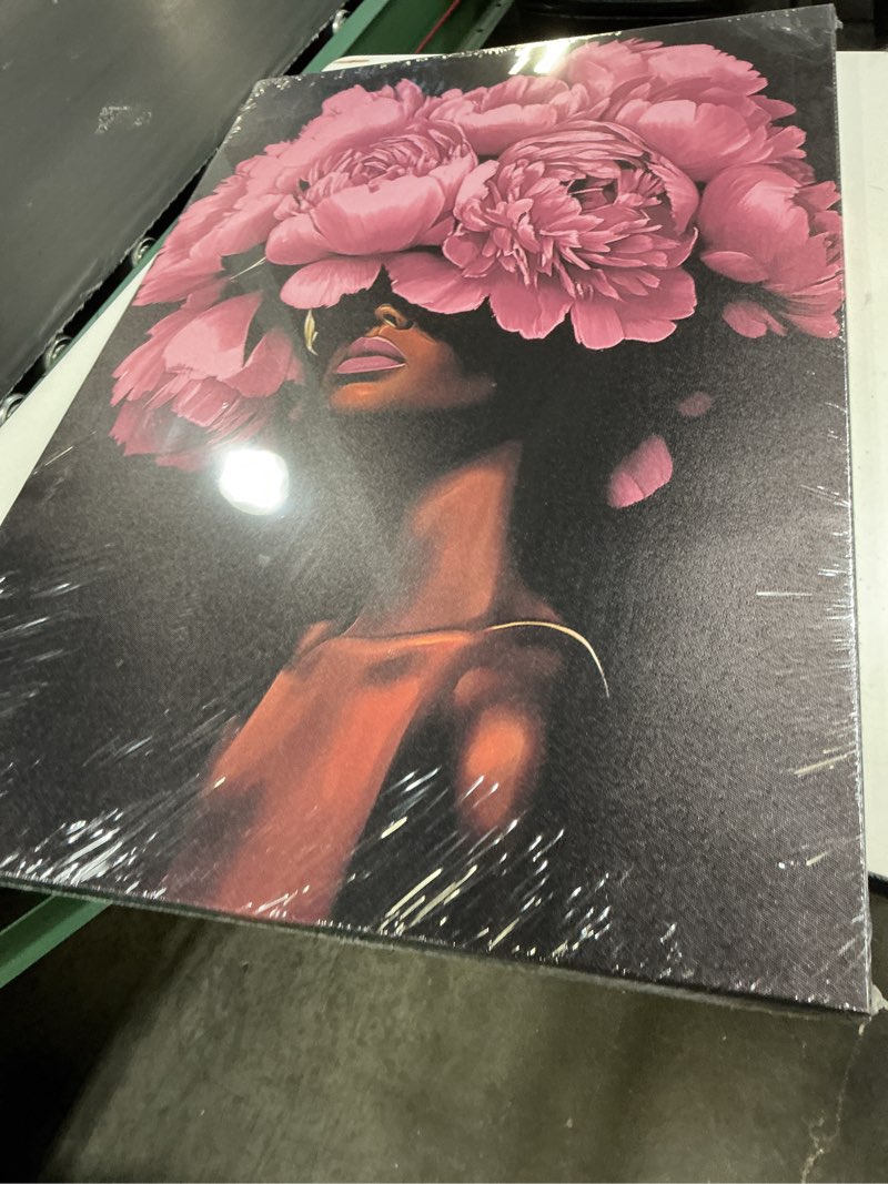 Condition photo showing New/Like New for doartdo african american wall art woman with flowers on head painting black and pink pictures black women portrait canvas prints bedroom home decor framed (pink, (24.00" x 36.00") pink 24.00" x 36.00"