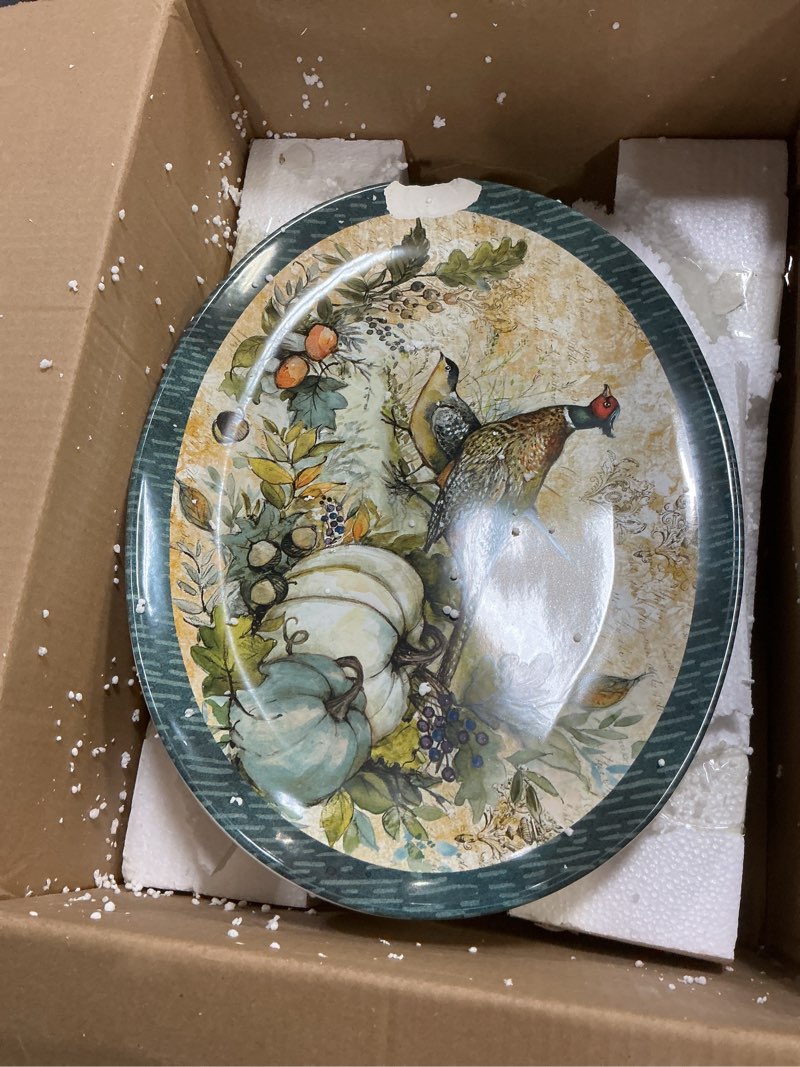 Condition photo showing As Is for Certified International Harvest Gatherings Oval Platter, 16" X 12",Teal,White, Large