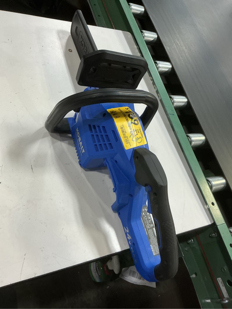 Condition photo showing As Is for kobalt quiet tech 24-volt 12-in battery chainsaw charger not included 