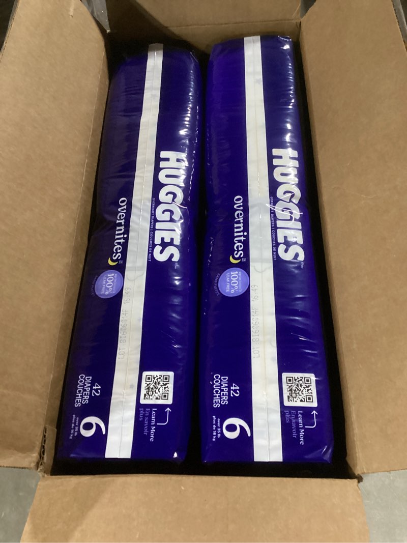 Condition photo showing New/Like New for huggies size 6 overnites baby diapers: overnight diapers, size 6 (35+ lbs), 84 ct (2 packs of 42), packaging may vary size 6 84