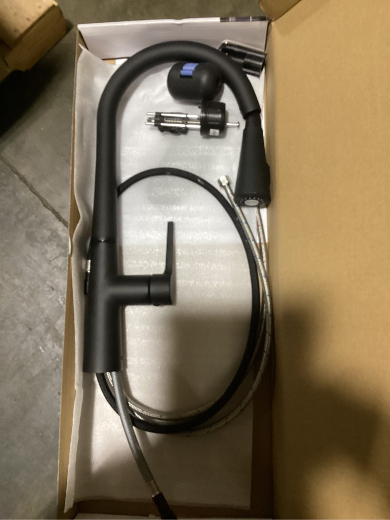 Condition photo showing As Is for allen + roth merrick matte black single handle deck-mount pull-down kitchen faucet with sprayer (includes deck plate)