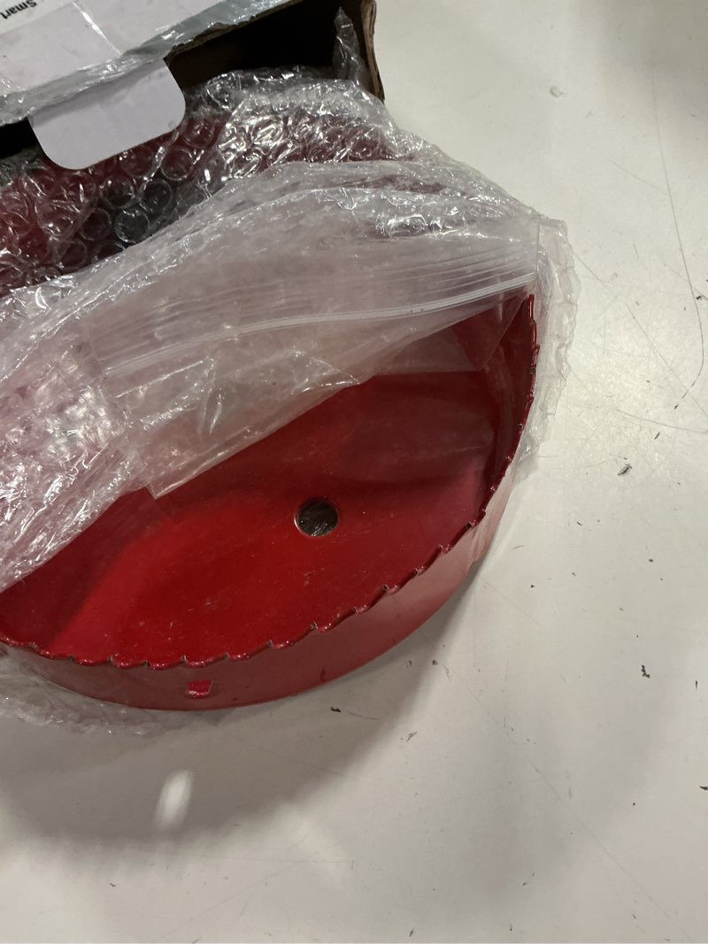 Condition photo showing Good Condition for 6.1 inches/155mm bi-metal hole saw with pilot bit & arbor | red-coated, cuts fiberboard, wood, drywall, plastic, soft metal, pvc, cornhole boards, for precision drilling