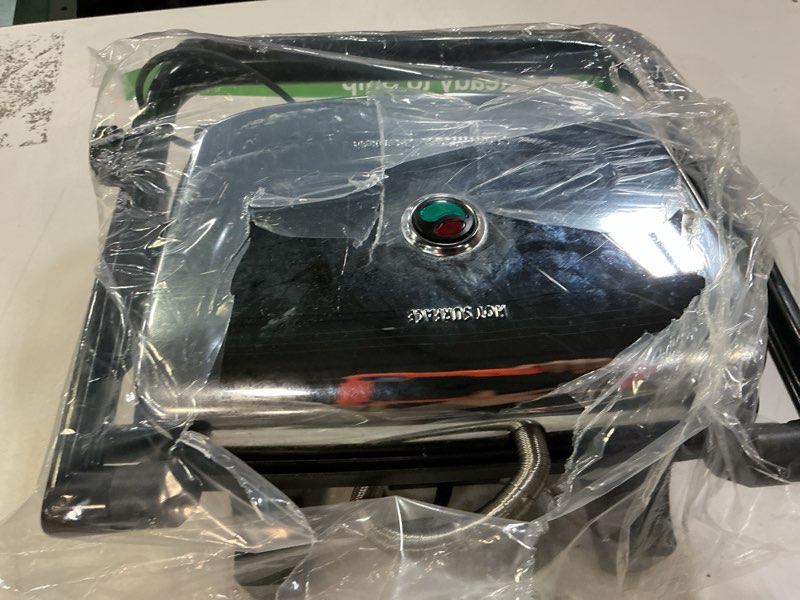 Condition photo showing As Is for Hamilton Beach Panini Press Sandwich Maker & Electric Indoor Grill with Locking Lid, Opens Wide to Fit Any Thickness for Quesadillas, Burgers & More, Nonstick 8" x 10" Grids, Chrome (25460MNA) Chrome Finish Nonstick 8" x 10" Grids