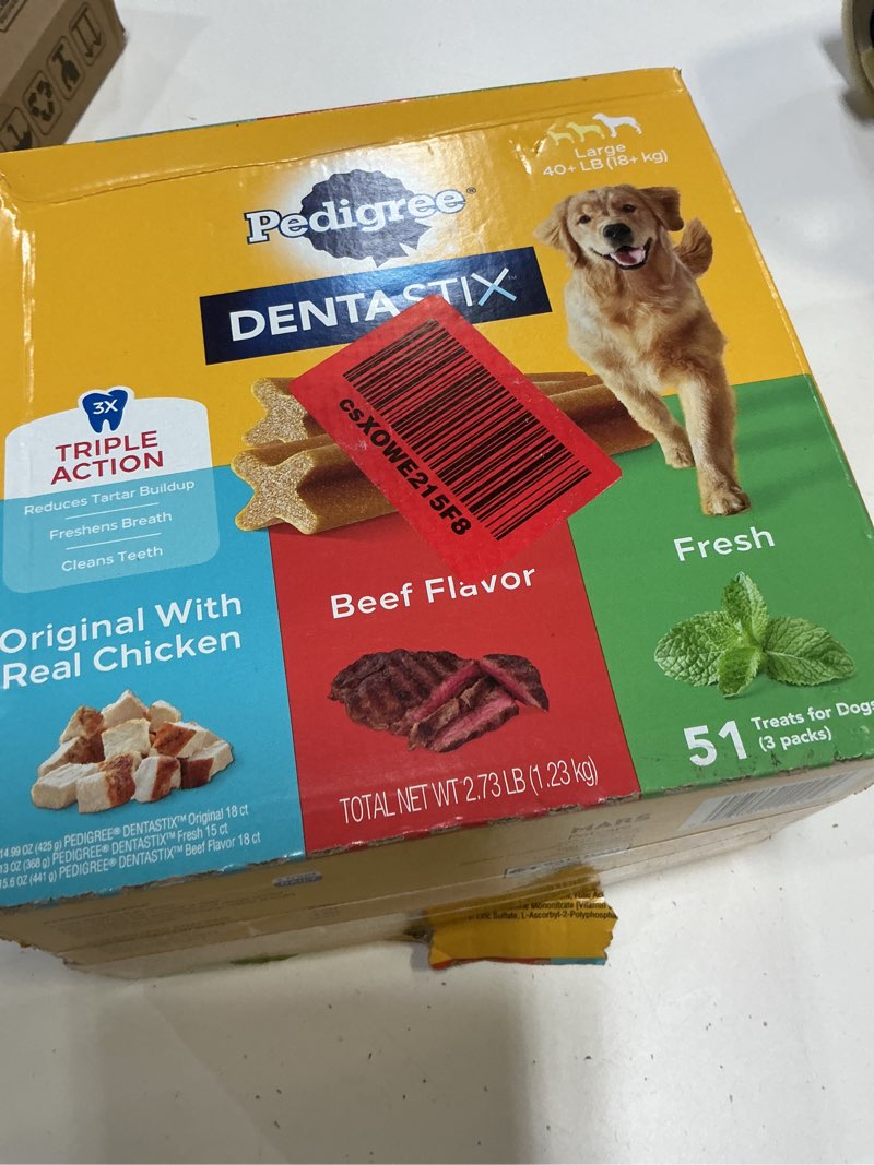 Condition photo showing New/Like New for (bbd 06/27)  pedigree dentastix large dog dental care treats original, beef & fresh variety pack, 2.73 lb.pack (51 treats)