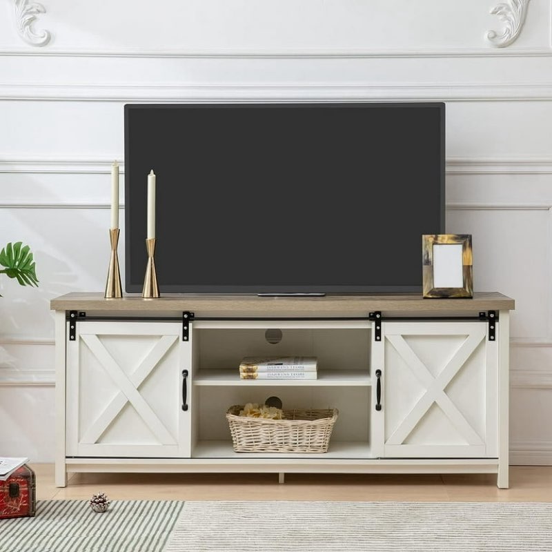 Reliancer Farmhouse TV Stand for TVs up to 65”, with Sliding Barn Doors, White