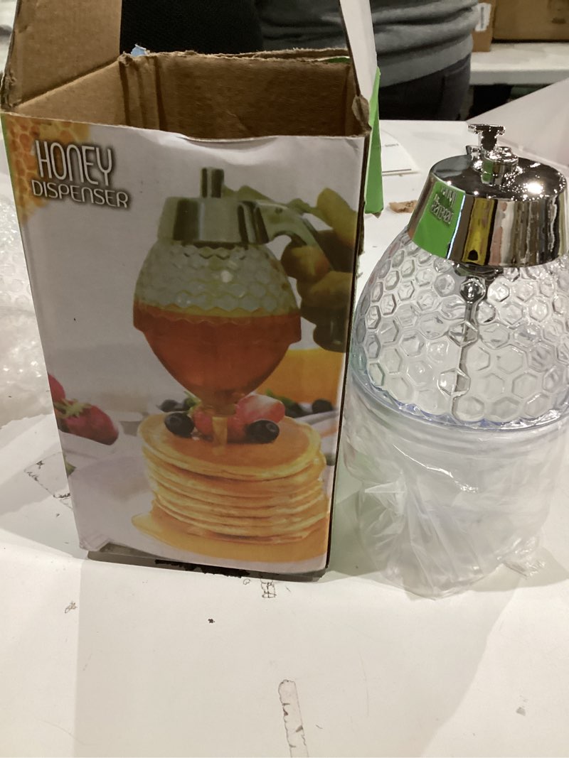 Condition photo showing Good Condition for honey dispenser - honey dispenser no drip, 8 oz pot with stand, maple syrup container, elegant honeycomb shaped jar for tea time