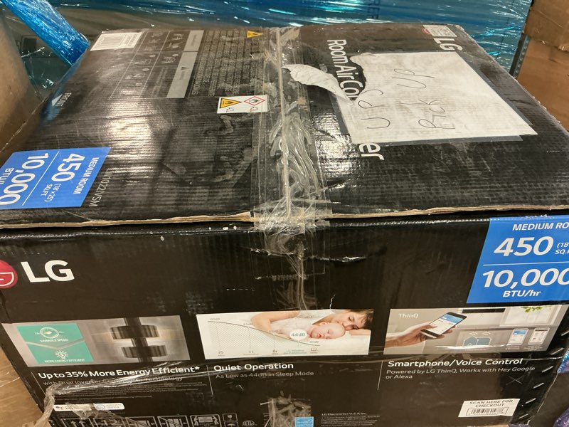 Condition photo showing As Is for lg 10,000 btu smart window air conditioner, 115v, cools 450 sq. ft. for bedroom, living room, apartment, dual inverter, quiet operation, energy star, works with lg thinq, amazon alexa and hey google