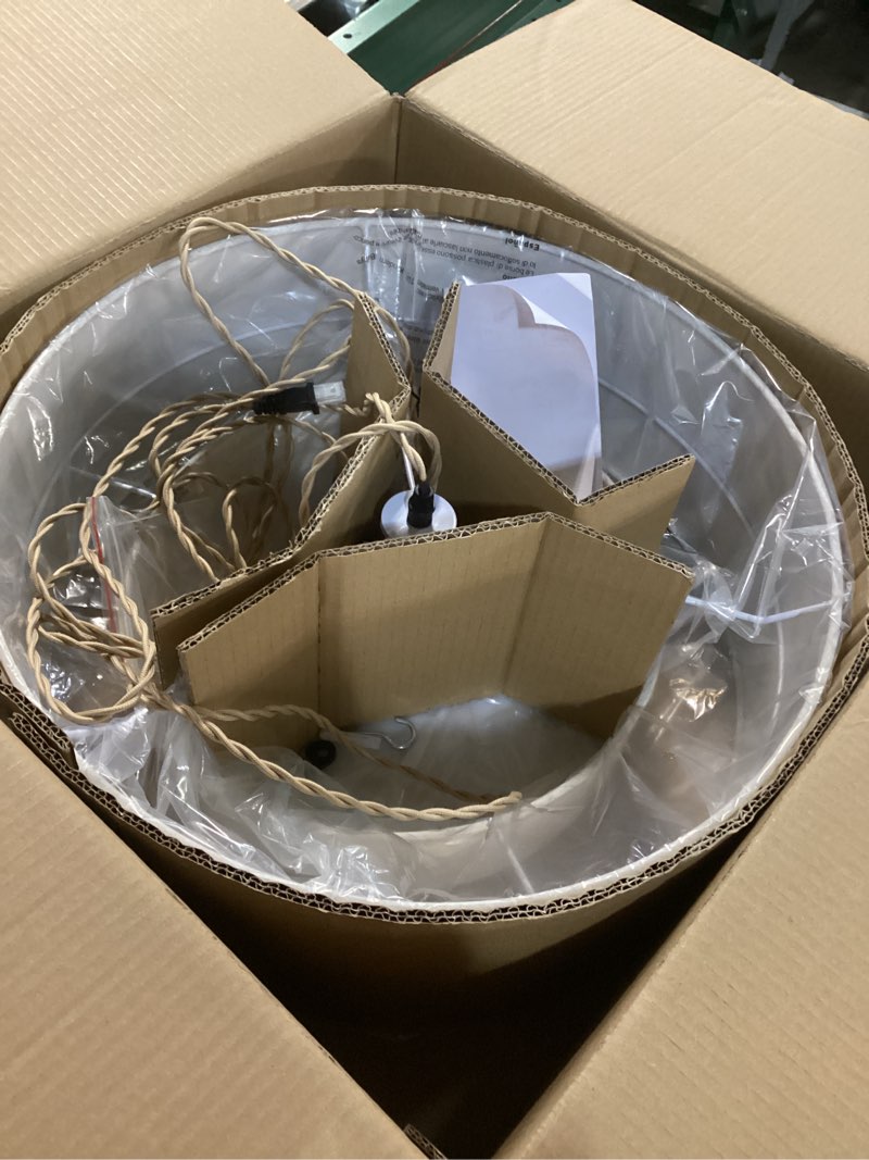 Condition photo showing Good Condition for plug in pendant light, 2-tier drum linen pendant lights with 15.7ft handmade woven light cord?17.7" plug in chandelier for dining room kitchen island and bedroom